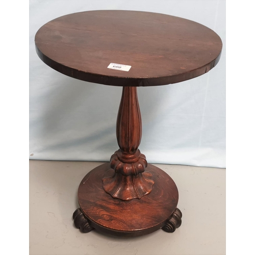 600 - A 19th century rosewood wine table on baluster column and scroll feet; an Edwardian oak 2 tier occas... 