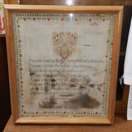 120 - A 1839 embroidery by Sarah Holt aged 10, framed and glazed and another picture