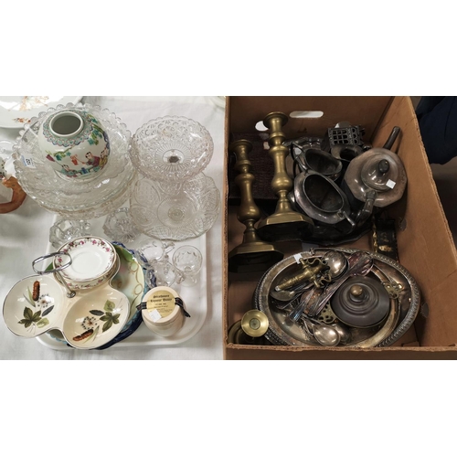 122 - A selection of pottery and glass including Royal Commemorative dishes etc; a 3 piece silver plates t... 