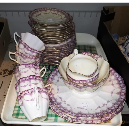 258c - An early 20th century fluted lilac bordered part tea set by Tuscan, approx 34 pieces