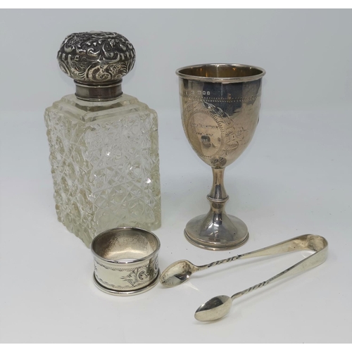 271 - A hall marked silver goblet with etched presentation decoration London 1923 and cut glass scent bott... 