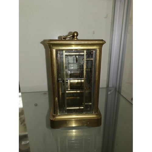 366a - A 19th century brass carriage clock with white enamel dial, by Johnson, Preston, 14.5cm