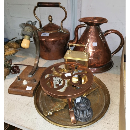 391 - A 19th century copper kettle and trivet; a conical jug; an Art Deco desk lamp; reproduction clocks; ... 