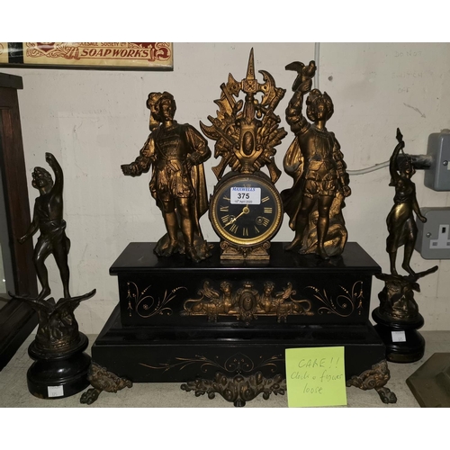 375 - A 19th century clock garniture in black marble and gilt, the clock surmounted by 2 figures, with Fre... 