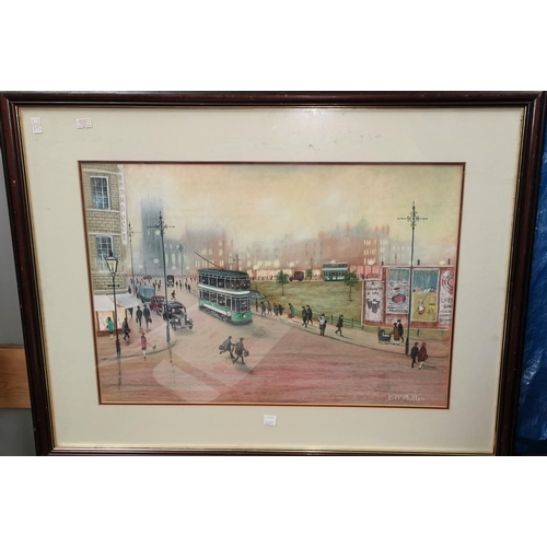 563E - B McMullen, Manchester scene with trams, pastel sketch, signed, 38  x 54cm and a signed print after ... 
