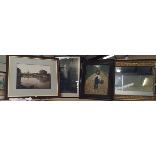 105 - A 19th century gilt frame over mantel mirror, a selection of prints and photographs