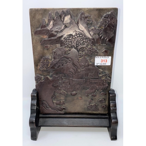 313 - A Chinese ink stone panel on stand carved with traditional scene to one side and text to the other, ... 