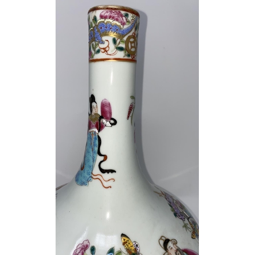 327 - A Chinese bottle vase decorated in polychrome with figures, flowers etc, ht 34cm