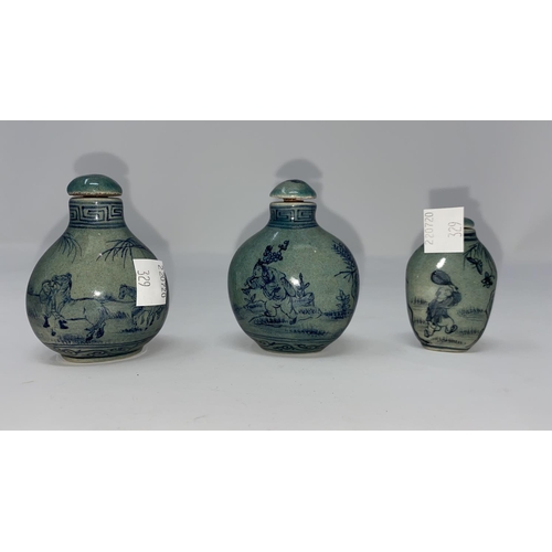 329 - Three Chinese snuff bottles, Guangzhou design decorated with figures and animals in landscapes again... 