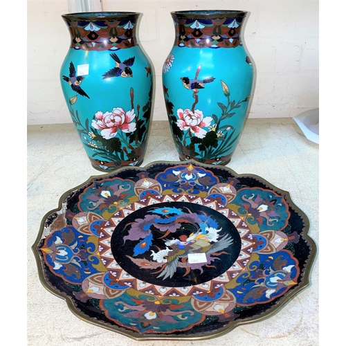 345 - An pair of oriental cloisonné vases decorated with birds and flowers on turquoise ground, 24 c m; a ... 