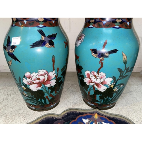 345 - An pair of oriental cloisonné vases decorated with birds and flowers on turquoise ground, 24 c m; a ... 