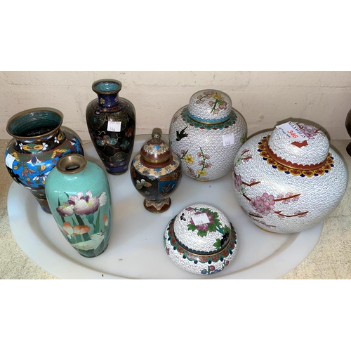 346 - Two Chinese cloisonné ginger jars,15 cm; 5 pieces of similar ware