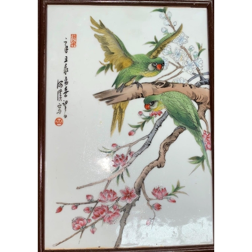 360a - A Chinese ceramic plaque depicting parrots, in wooden frame and a similar lidded pot and bowl