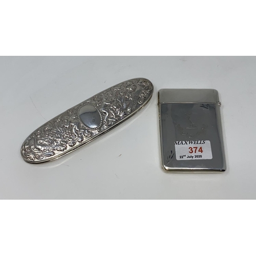 374 - A silver trinket box of elongated oval form, 3.3oz, London, 1887; a silver card case, 2.3oz, Chester... 