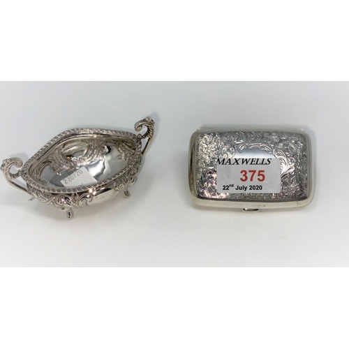 375 - A silver chased cigarette case, 1.3oz, Birmingham, 1909; a silver embossed oval salt, 1.5oz, Birming... 