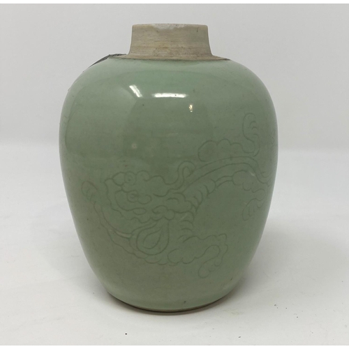 357 - A Chinese ginger jar with celadon glaze and incised dragon decoration, 10 cm (no lid)