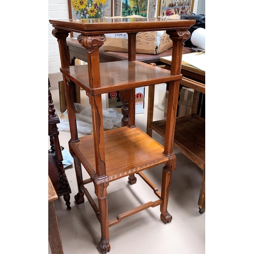 352 - A late 19th/early 20th century rosewood whatnot in the Chinese manor, 3 square tiers, marble top, ca... 