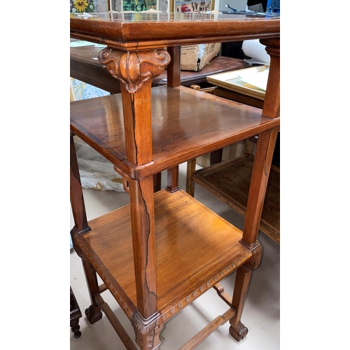 352 - A late 19th/early 20th century rosewood whatnot in the Chinese manor, 3 square tiers, marble top, ca... 