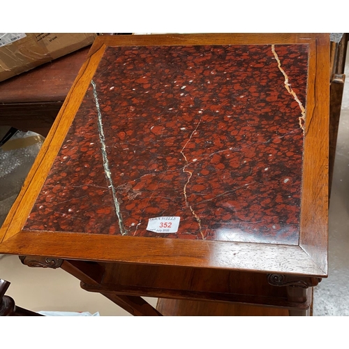 352 - A late 19th/early 20th century rosewood whatnot in the Chinese manor, 3 square tiers, marble top, ca... 