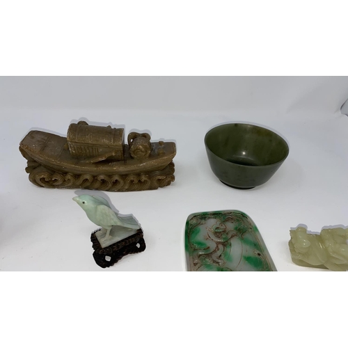 363b - A selection of jade coloured hardstone and other similar items, bowl etc