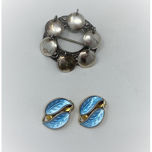 397 - A pair of double leaf clip-on earrings in gilded sterling silver and turquoise enamel by David Ander... 