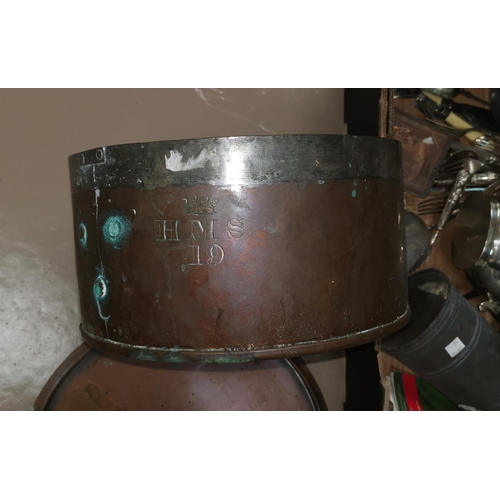 15 - A copper jam pan stamped HMS 19; a large copper pan lid; a selection of metalware
