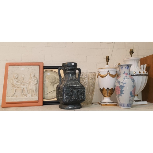 19 - Two large classical vase shaped table lamps; 3 vases; 2 reproduction relief plaques; a large selecti... 