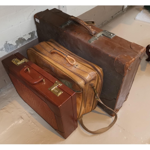 2 - A vintage suitcase ; a tan leather overnight bag; a crocodile effect briefcase