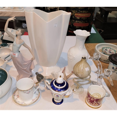 298 - Two Nao figures, 2 white vases, decorative china and glass