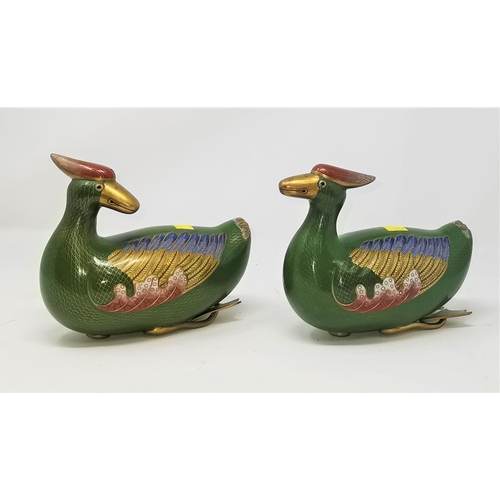 323C - A pair of Chinese cloisonne green ducks length 18cm