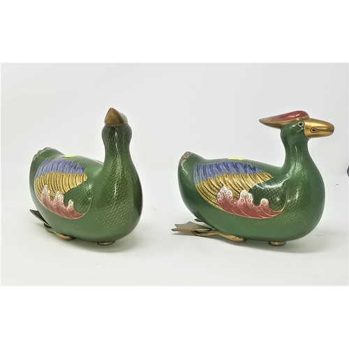 323C - A pair of Chinese cloisonne green ducks length 18cm