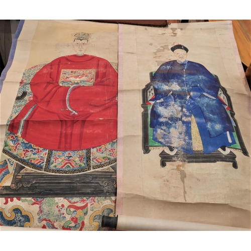 324B - Two Chinese 19th century scroll pictures depicting man and woman in traditional dress