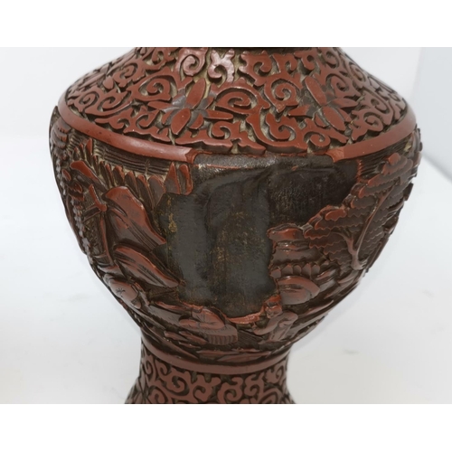 325B - A pair of Chinese cinnabar vases with traditional scenes height 23cm (some areas of damage)