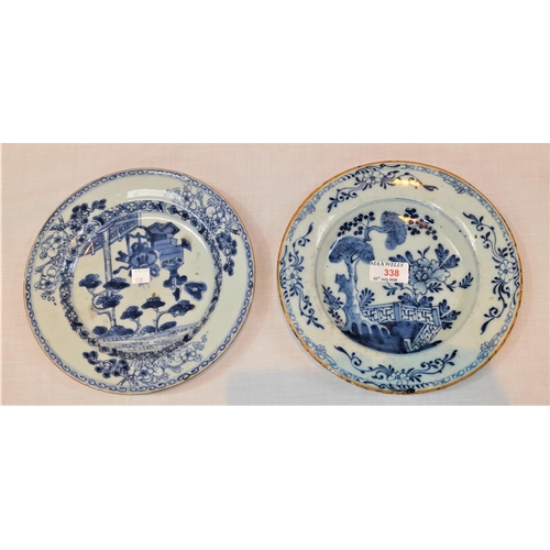 338 - A 19th century Chinese porcelain plate (hairline crack); a 19th century delft plate