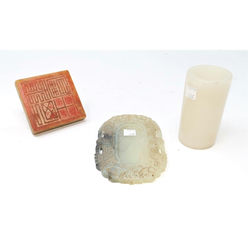 363c - A Chinese hardstone canted ink dish, a seal and a circular hardstone vase