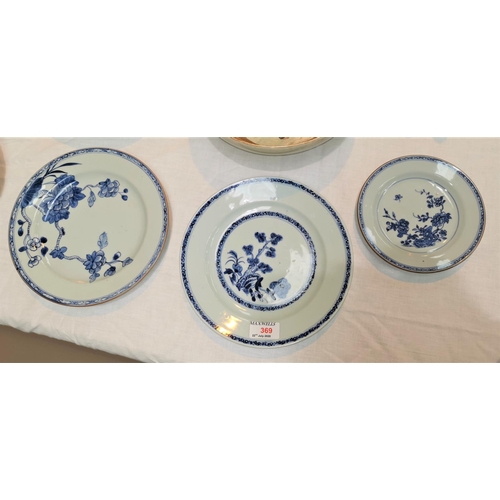 369 - Three Chinese blue and white plates with floral decoration two measuring 23cm one 16cm