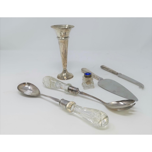 394A - A pair of hall marked silver salad servers with glass handles, a silver handled cake knife and chees... 