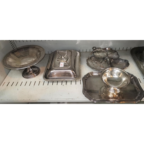 427 - A rectangular gadrooned silver plated entree dish and a selection of silver plate