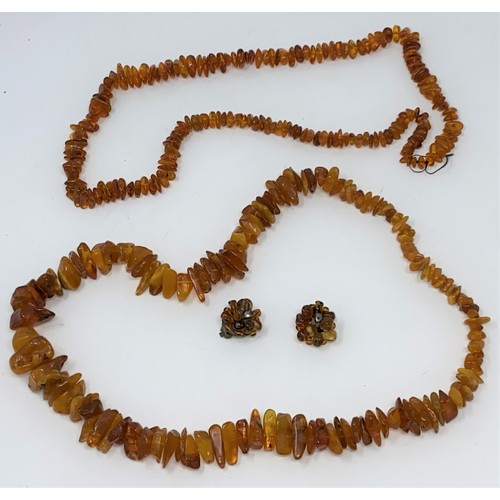 457A - Two necklaces formed from graduating pieces of amber with a pair of clip on earrings