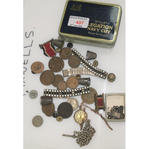 407 - A ladies watch, case stamped '375', strap stamped '9 ct'; a hallmarked silver albert chain; other it... 