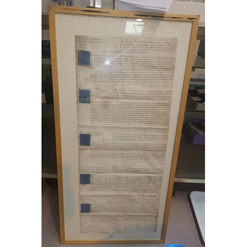 35 - An 18th/19th century indenture, handwritten, framed; a similar piece dated 1870; a collection of gla... 