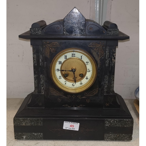 45 - A marble and slate cased mantel clock with brass dial