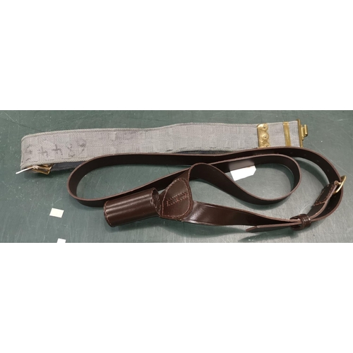 230 - An RAF brass mounted webbing belt, a stitched leather standard bearer's belt