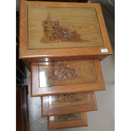 316 - A nest of 4 Chinese carved hardwood occasional tables. A rectangular gadrooned silver plated entree ... 