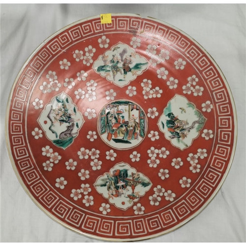 321B - A large Chinese plaque with red ground and paneled decoration 38cm diameter; another large Chinese d... 