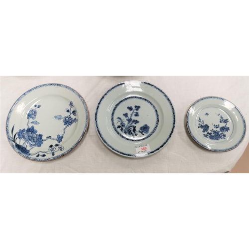 369 - Three Chinese blue and white plates with floral decoration two measuring 23cm one 16cm