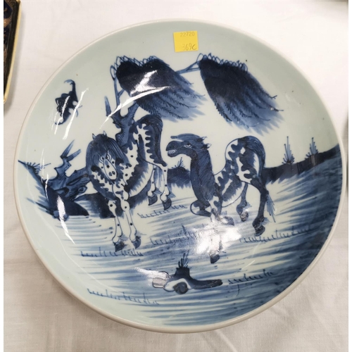 369C - A Chinese blue and white plate decorated with horses in field, foot unglazed diameter 23cm