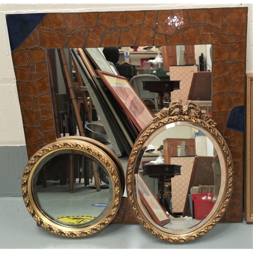 630 - A large mirror in mosaic frame; 2 other mirrors