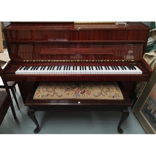 653 - A modern LEGNICA iron framed overstrung upright piano in high gloss sapele case and a duette stool