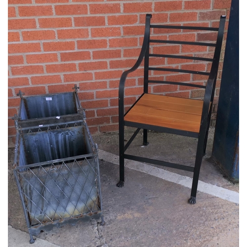 653b - A wrought metal conservatory chair ; a pair of square wirework garden urns (lining af) and similar i... 